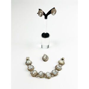 Vintage Silver Abalone Shell Cameo Set Bracelet Earrings Pendant Parure